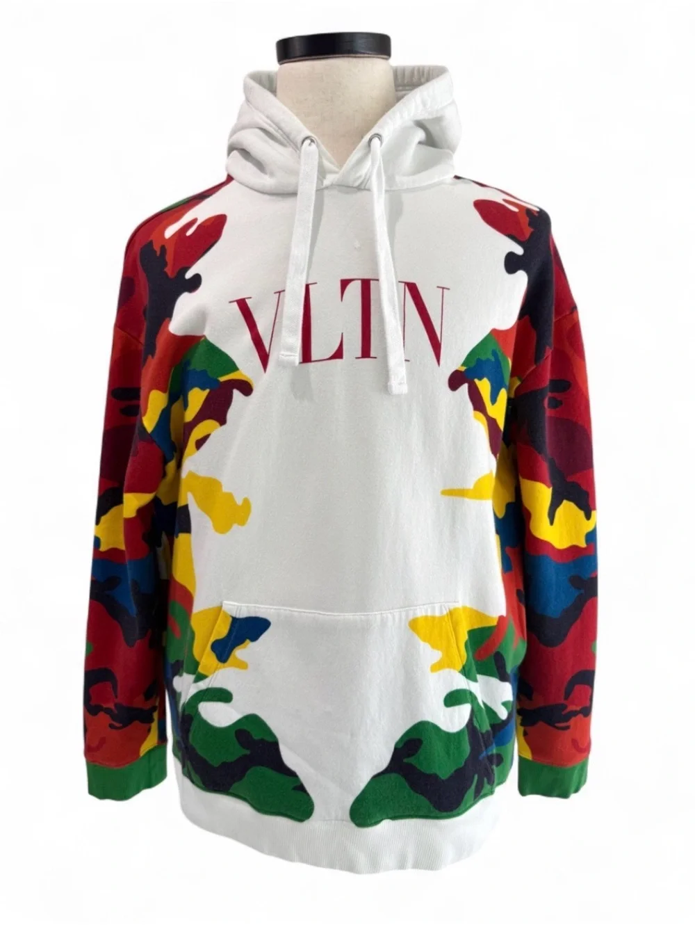 Valentino White Hooded Sweater with Red Logo and Multi-Color Camouflage